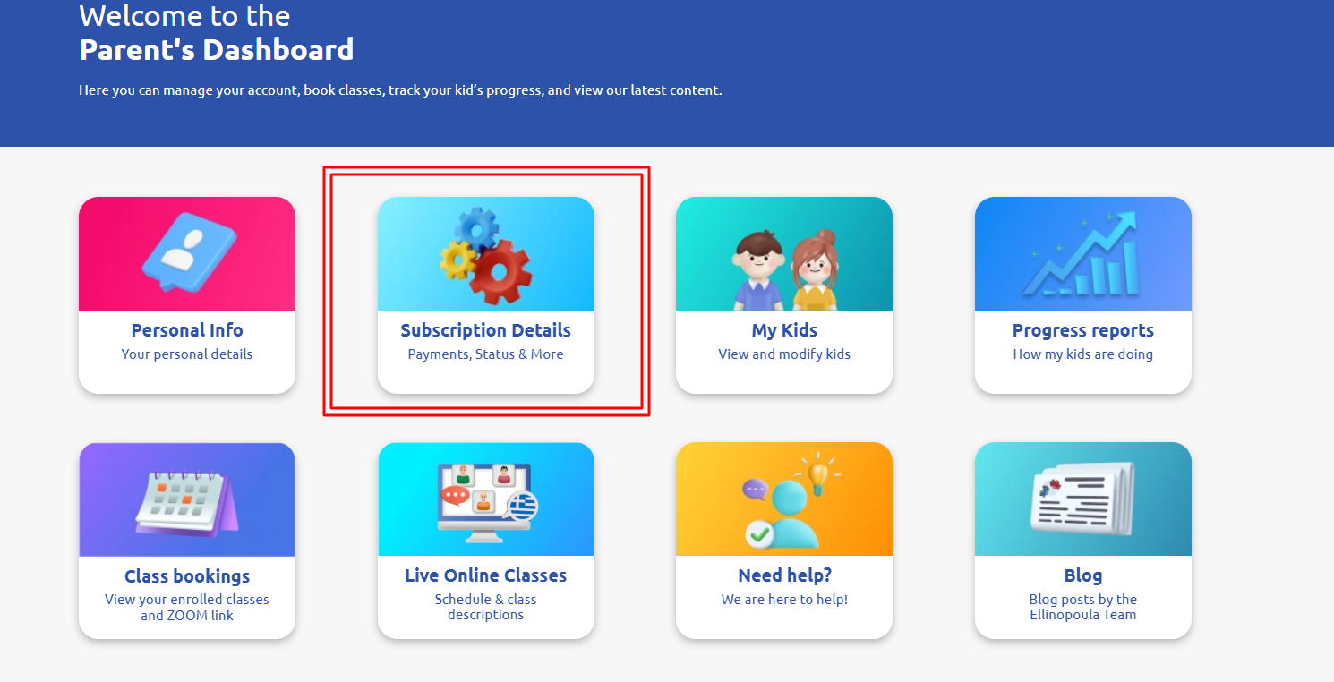 Ellinopoula app Parent's Dashboard page