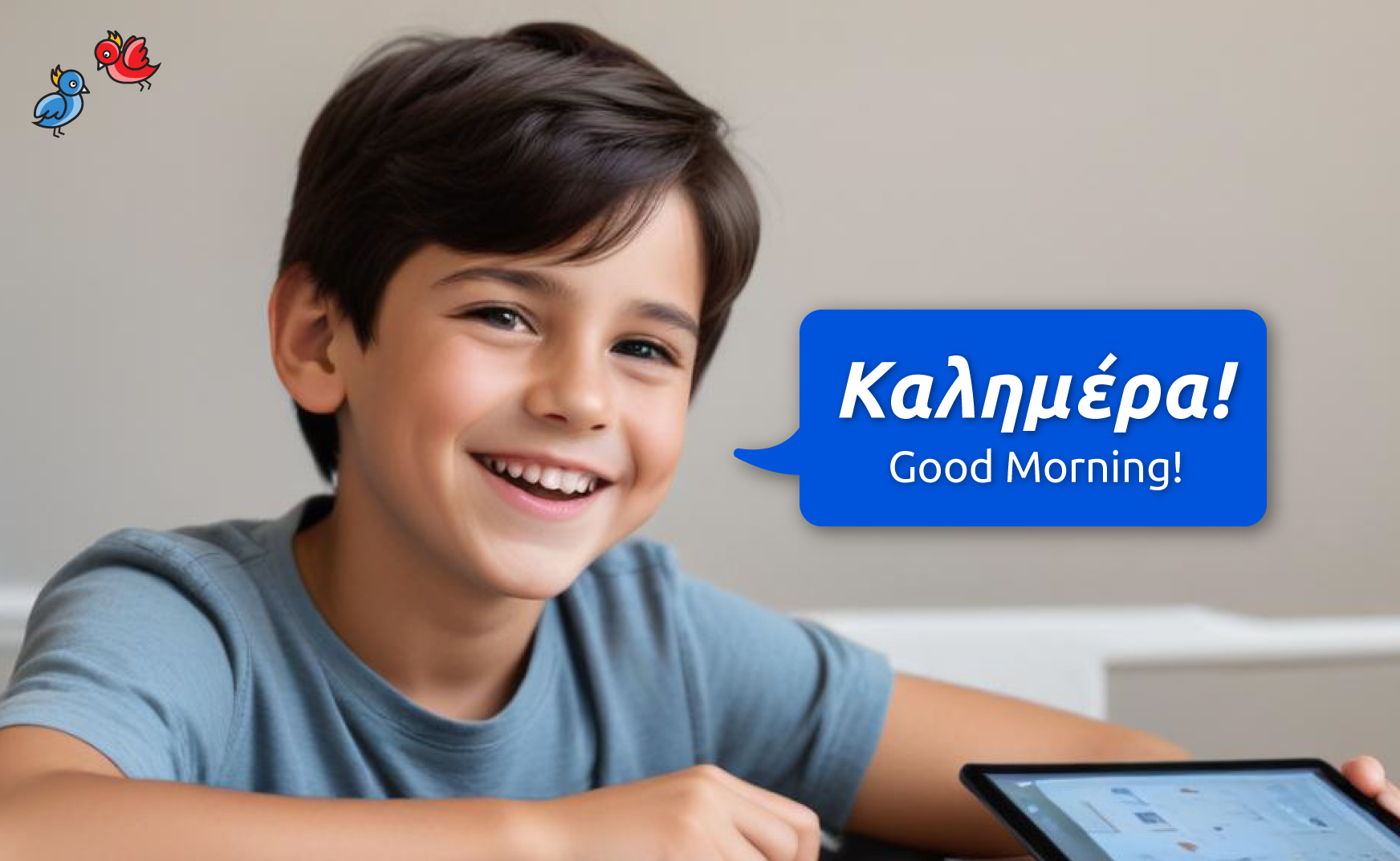 Young student learning how to say "Good Morning" in Greek